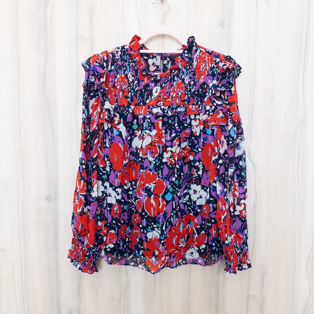 J.Crew Womens Floral Blouse M Red Smocked Ruffle Metallic Romantic Cottage Boho